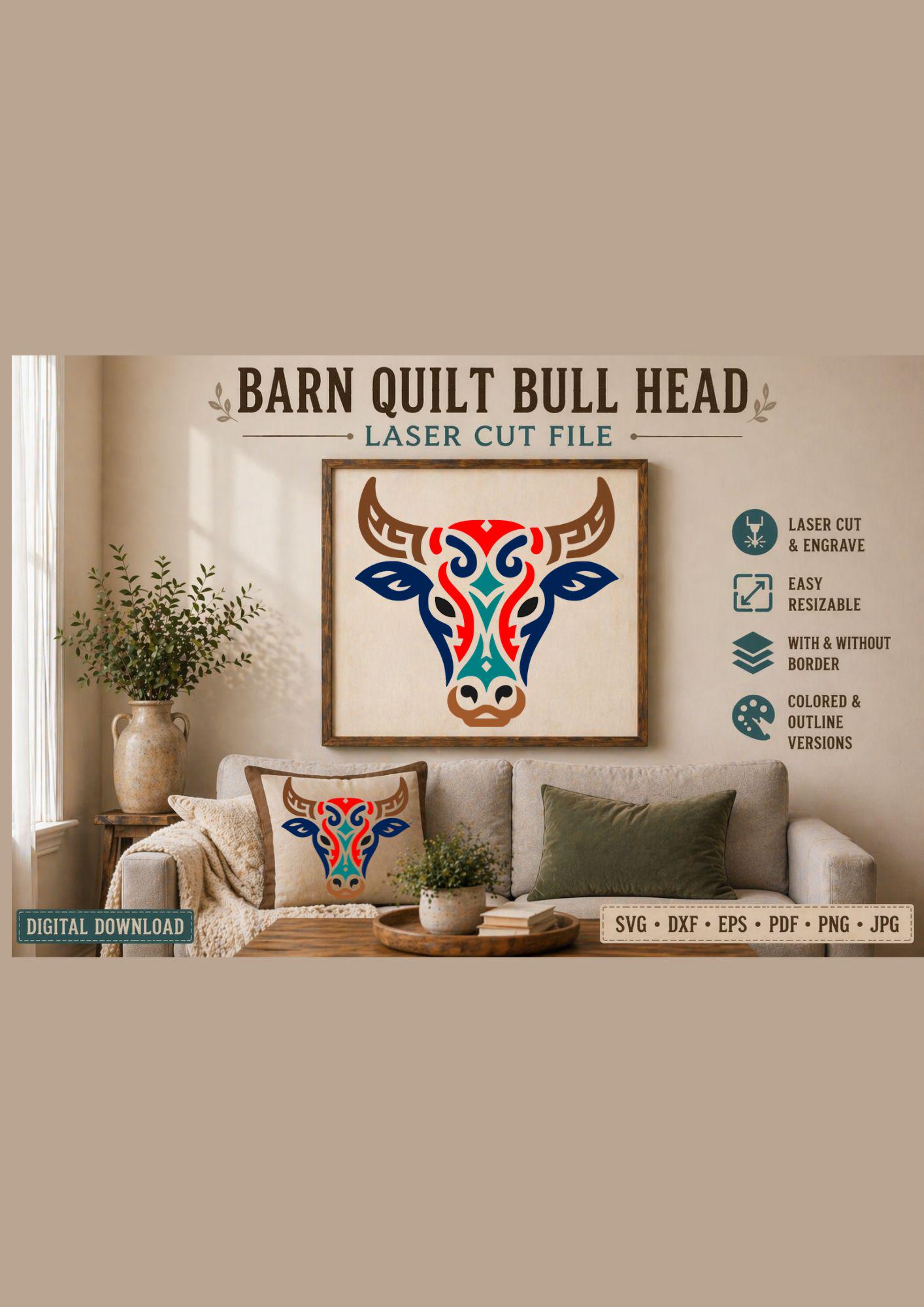 Bull Head Barn Quilt SVG, Farmhouse Laser Cut Pattern, Western Wall Art (Digital Download) - Image 3