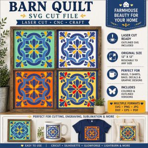 Floral Barn Quilt SVG Cut File, Geometric Flower Laser Cut Design | Mediterranean Block (12x12)