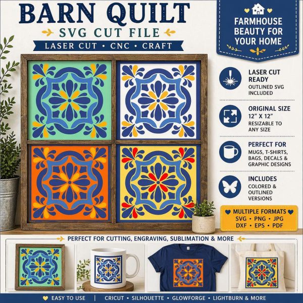 Floral Barn Quilt SVG Cut File, Geometric Flower Laser Cut Design | Mediterranean Block (12x12)