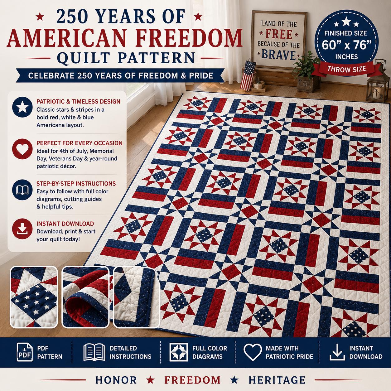 250 Years American Freedom Quilt Pattern, Red White Blue Patriotic Stars (PDF Download)