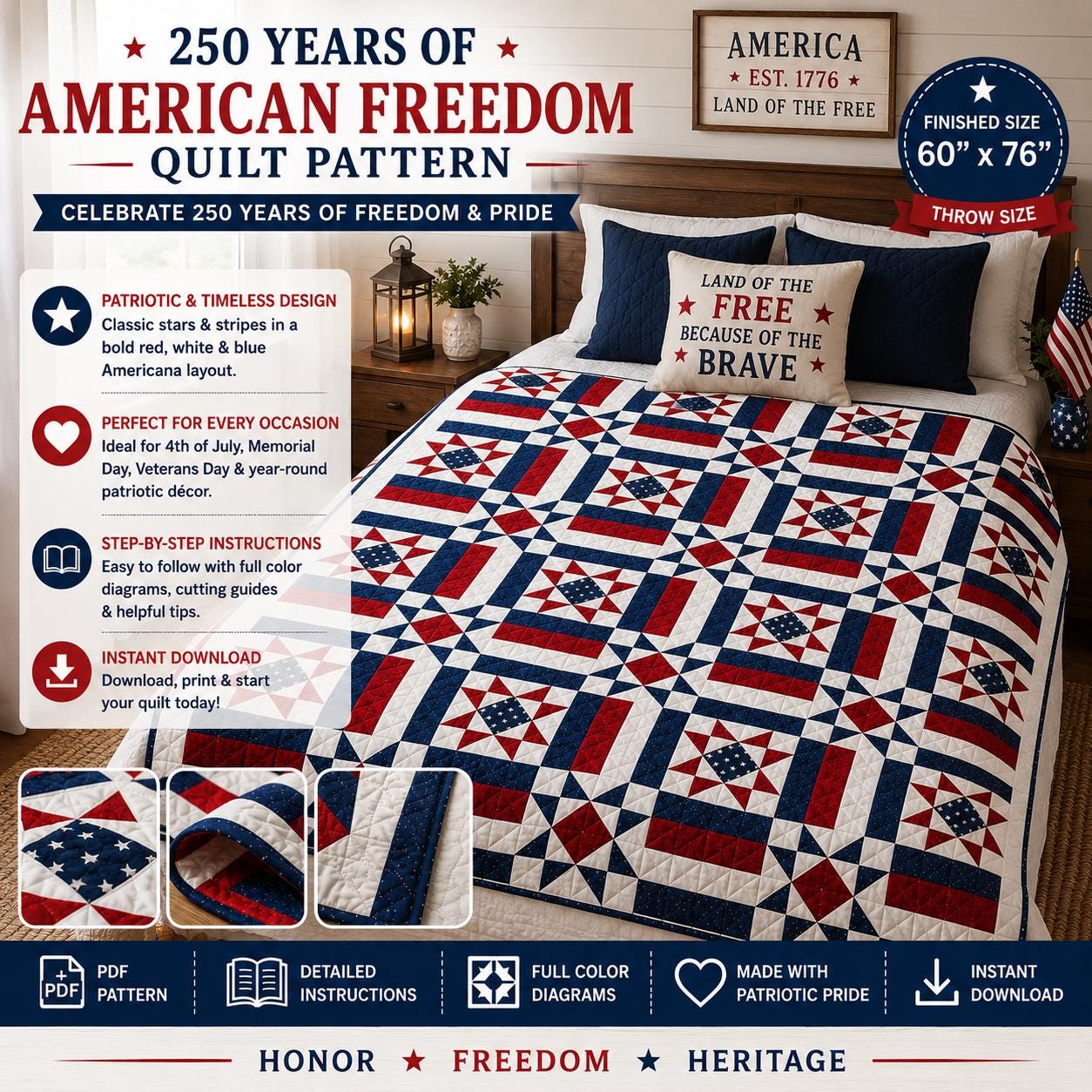 250 Years American Freedom Quilt Pattern, Red White Blue Patriotic Stars (PDF Download) - Image 2