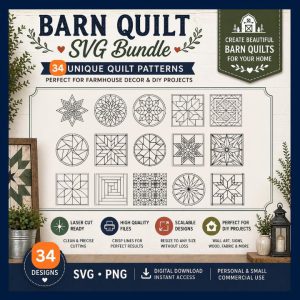 Barn Quilt SVG Bundle, 34 Farmhouse Geometric Patterns (Digital Download)