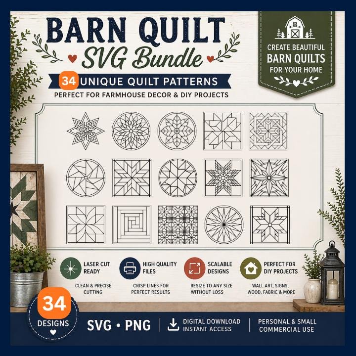 Barn Quilt SVG Bundle, 34 Farmhouse Geometric Patterns (Digital Download)