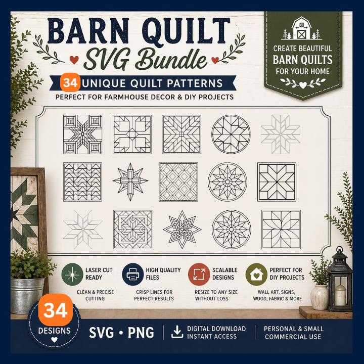 Barn Quilt SVG Bundle, 34 Farmhouse Geometric Patterns (Digital Download) - Image 2