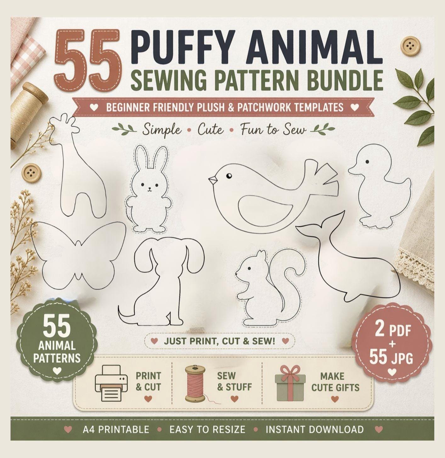 55 Puffy Animal Sewing Patterns, Beginner Softie Plush Templates (PDF Download) - Image 4