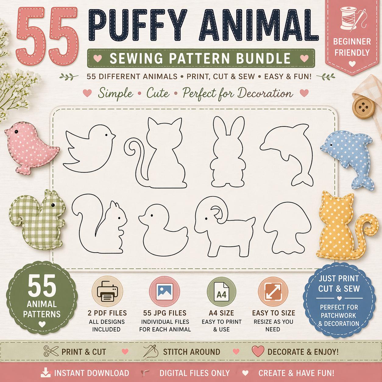 55 Puffy Animal Sewing Patterns, Beginner Softie Plush Templates (PDF Download) - Image 3