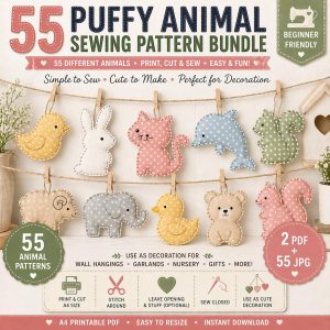 55 Puffy Animal Sewing Patterns, Beginner Softie Plush Templates (PDF Download)