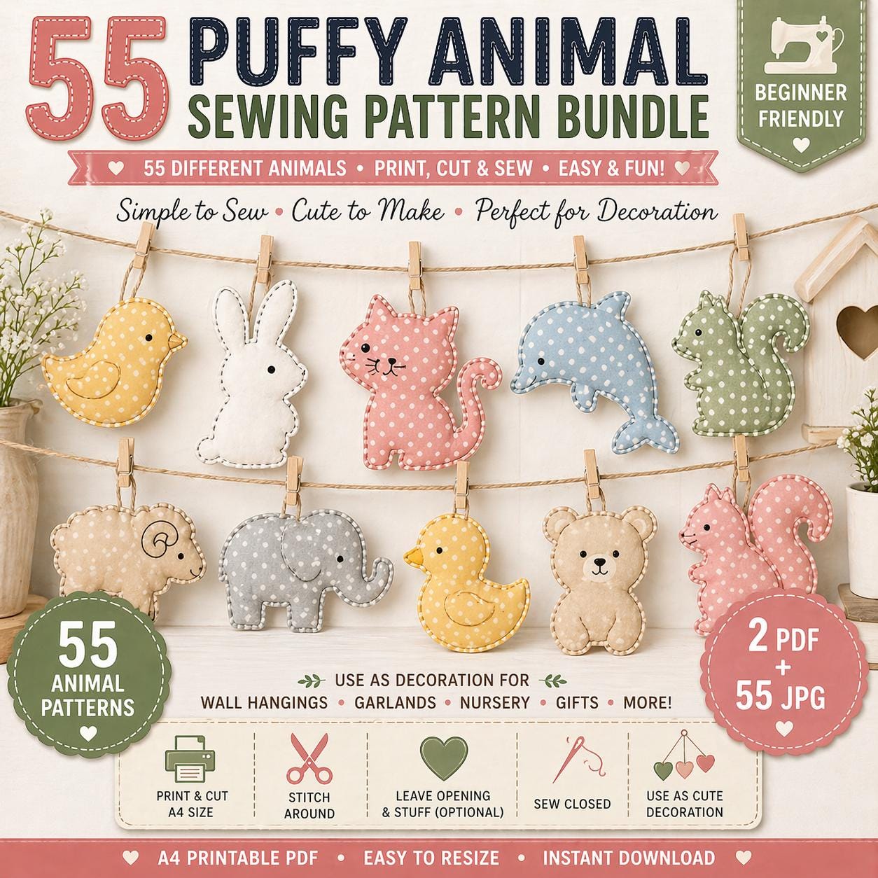 55 Puffy Animal Sewing Patterns, Beginner Softie Plush Templates (PDF Download)