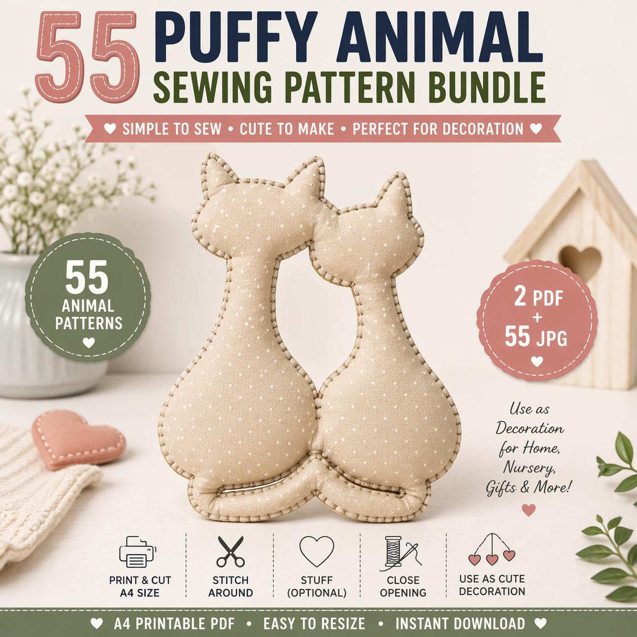 55 Puffy Animal Sewing Patterns, Beginner Softie Plush Templates (PDF Download) - Image 2