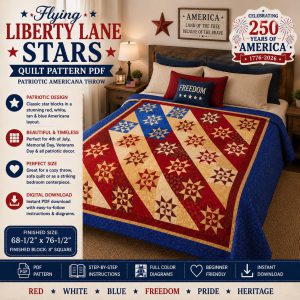 Flying Liberty Lane Stars Quilt Pattern PDF, Patriotic Americana Throw , Red White Blue, 250 USA Anniversary Quilt (Digital Download)