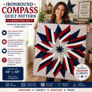 Ironbound Compass Quilt Pattern – Liberation Day - Patriotic Red White Blue Star Quilt PDF