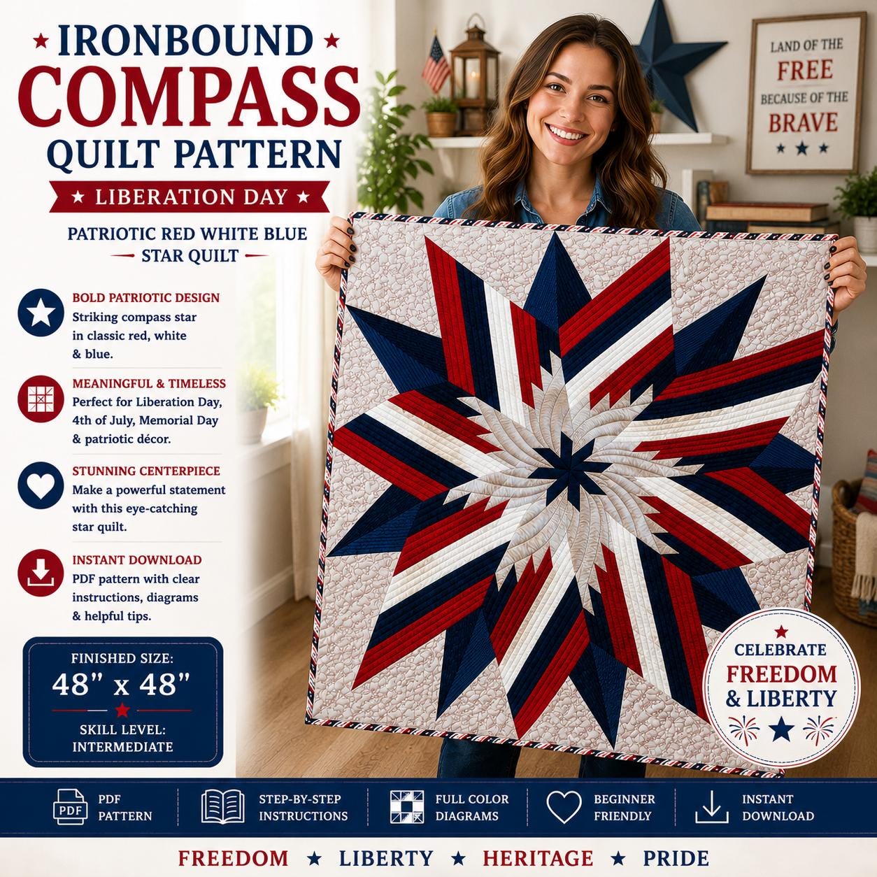 Ironbound Compass Quilt Pattern – Liberation Day - Patriotic Red White Blue Star Quilt PDF