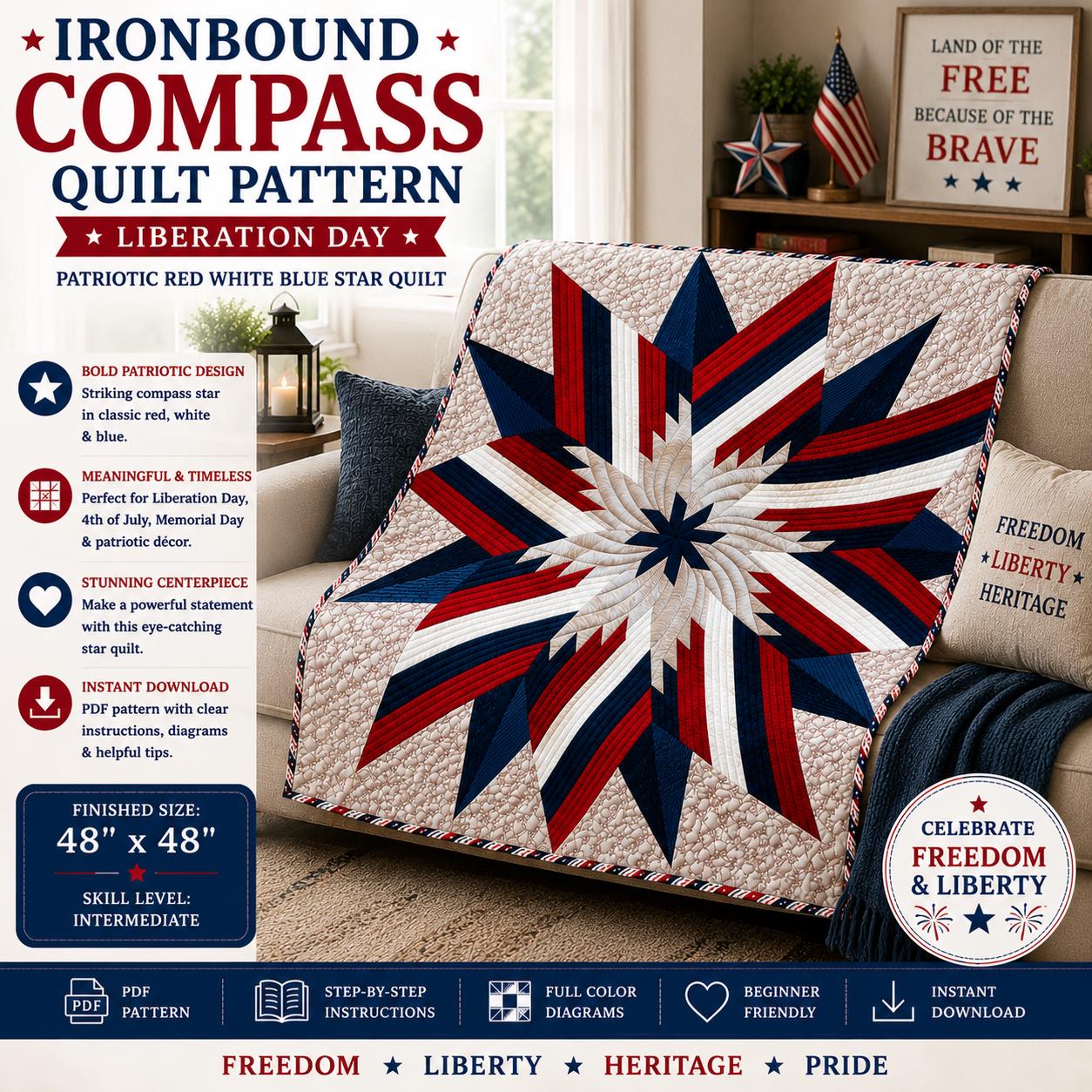 Ironbound Compass Quilt Pattern – Liberation Day - Patriotic Red White Blue Star Quilt PDF - Image 2