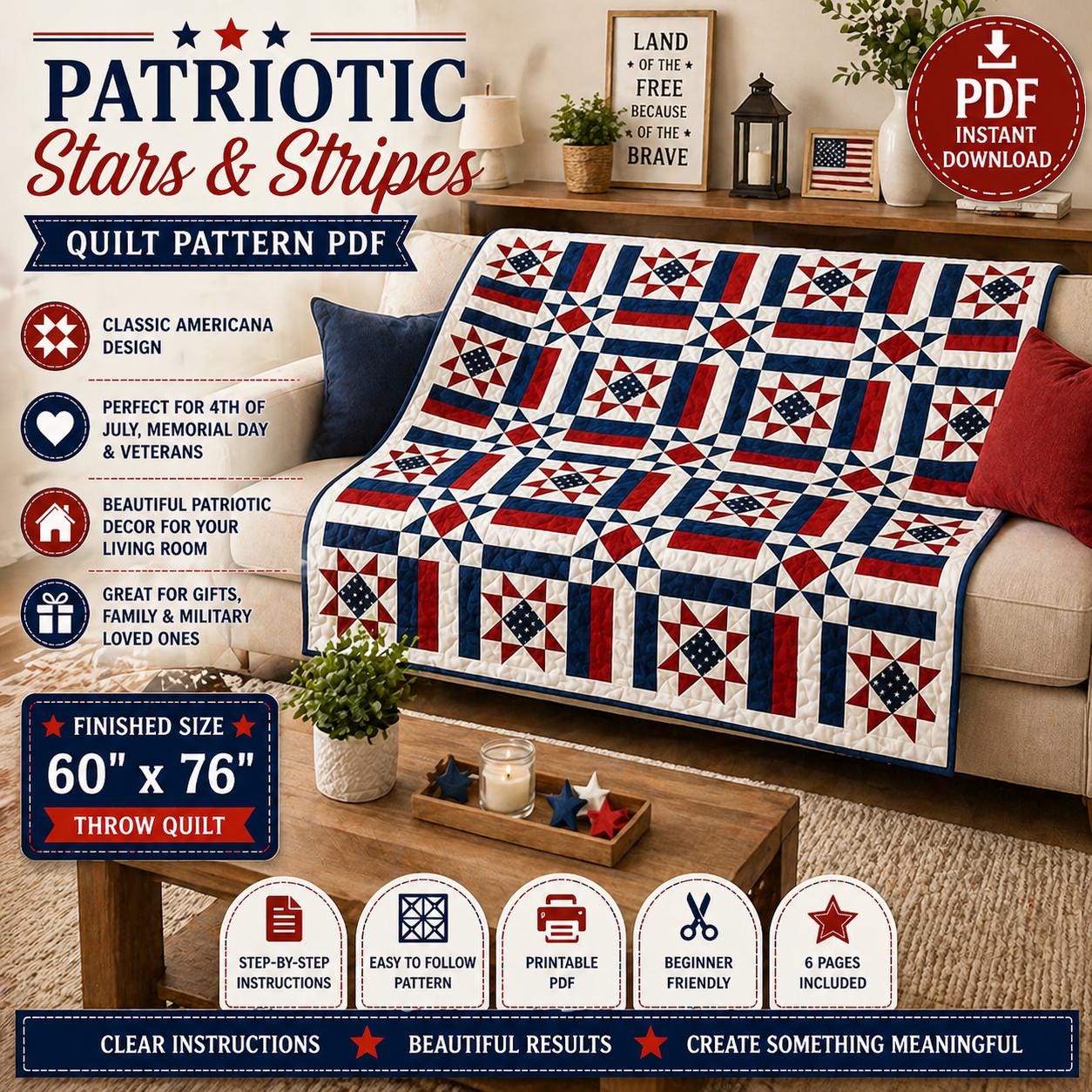Patriotic Liberty Stars & Stripes Quilt Pattern, Americana Throw Quilt, Red White Blue (PDF Download) - Image 3