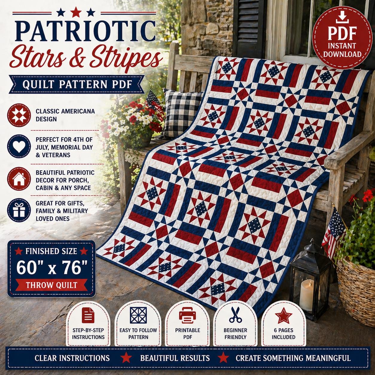 Patriotic Liberty Stars & Stripes Quilt Pattern, Americana Throw Quilt, Red White Blue (PDF Download) - Image 6
