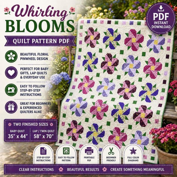 Whirling Blooms Quilt Pattern, Floral Pinwheel Baby Lap Quilt, Beginner Friendly (PDF Download)