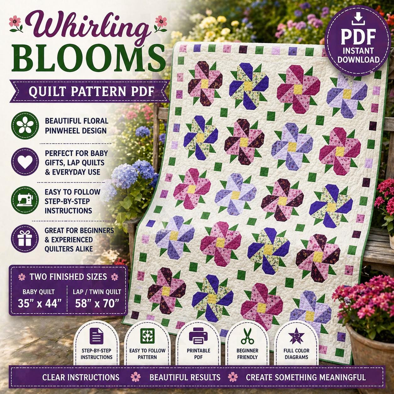 Whirling Blooms Quilt Pattern, Floral Pinwheel Baby Lap Quilt, Beginner Friendly (PDF Download)