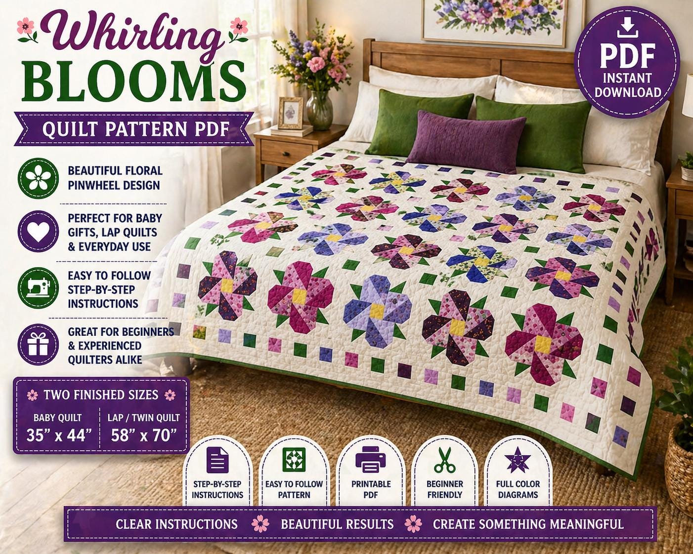 Whirling Blooms Quilt Pattern, Floral Pinwheel Baby Lap Quilt, Beginner Friendly (PDF Download) - Image 2