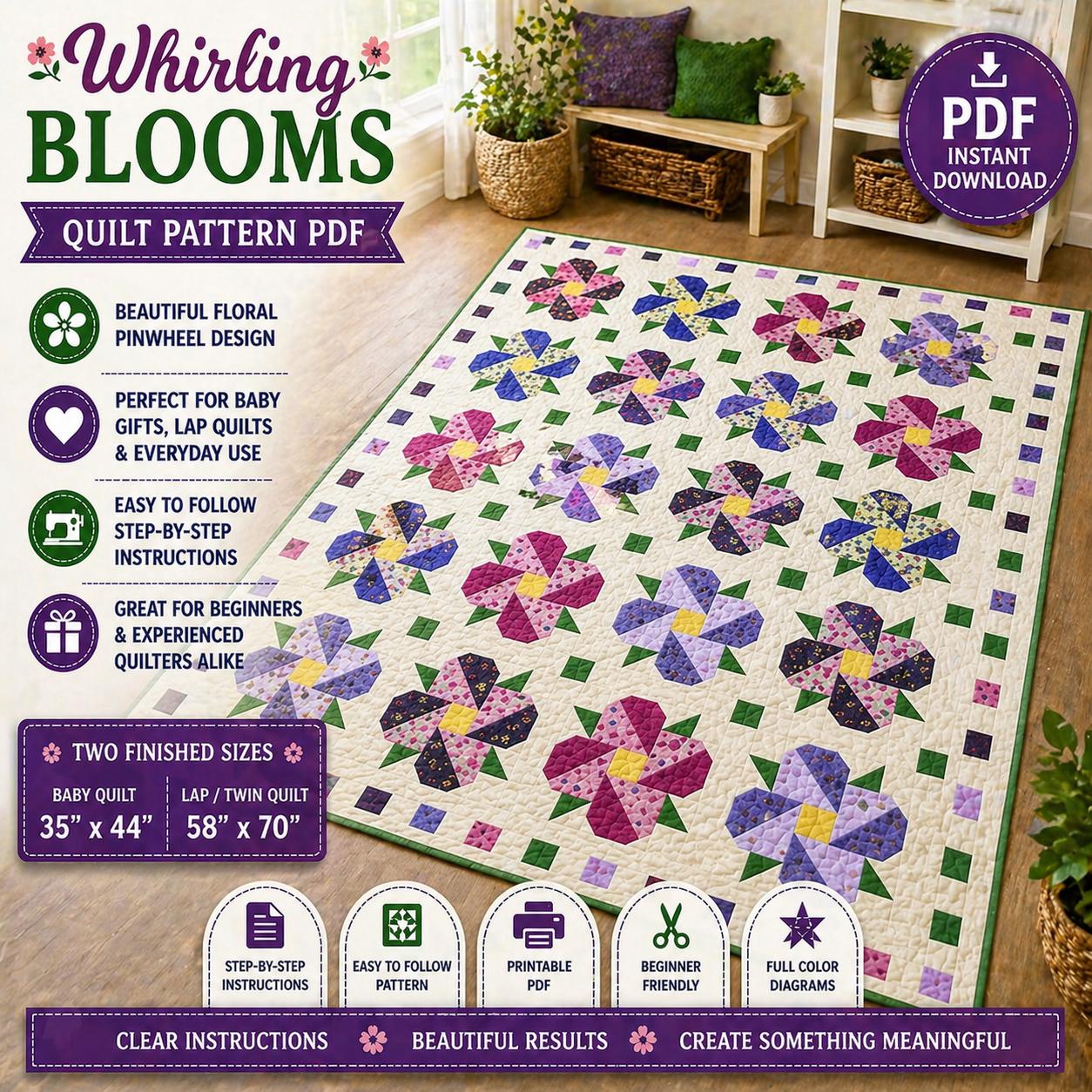 Whirling Blooms Quilt Pattern, Floral Pinwheel Baby Lap Quilt, Beginner Friendly (PDF Download) - Image 3