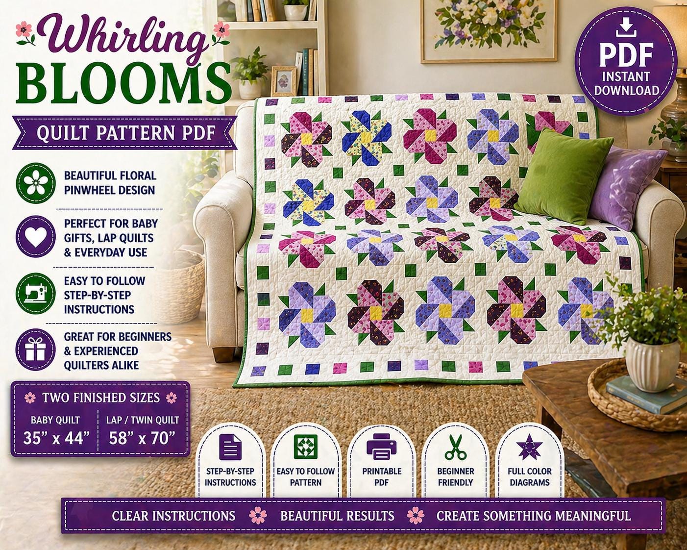 Whirling Blooms Quilt Pattern, Floral Pinwheel Baby Lap Quilt, Beginner Friendly (PDF Download) - Image 4