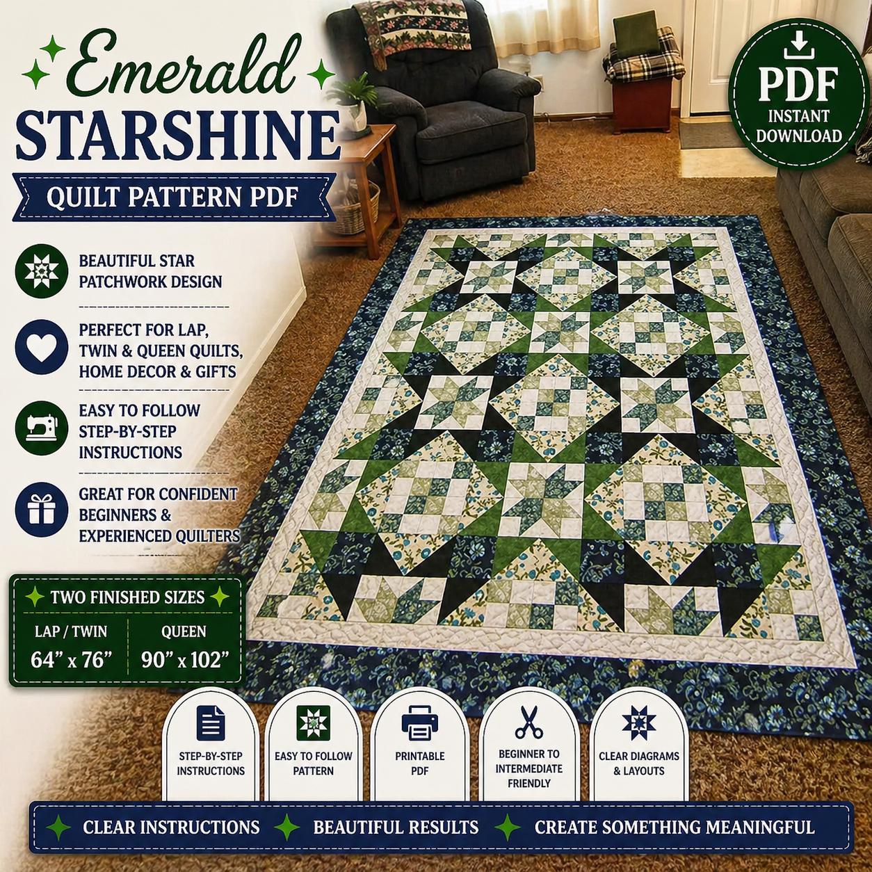 Emerald Starshine Quilt Pattern, Patchwork Design, Lap Queen Sizes (Digital Download) - Image 4