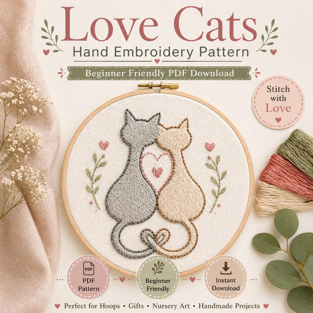 Love Cats Hand Embroidery Pattern Bundle, Minimalist Cat Design | Beginner Hoop Art (PDF Download)