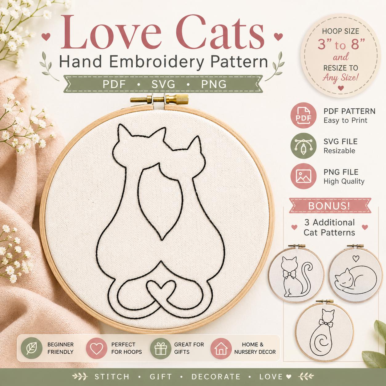 Love Cats Hand Embroidery Pattern Bundle, Minimalist Cat Design | Beginner Hoop Art (PDF Download) - Image 4