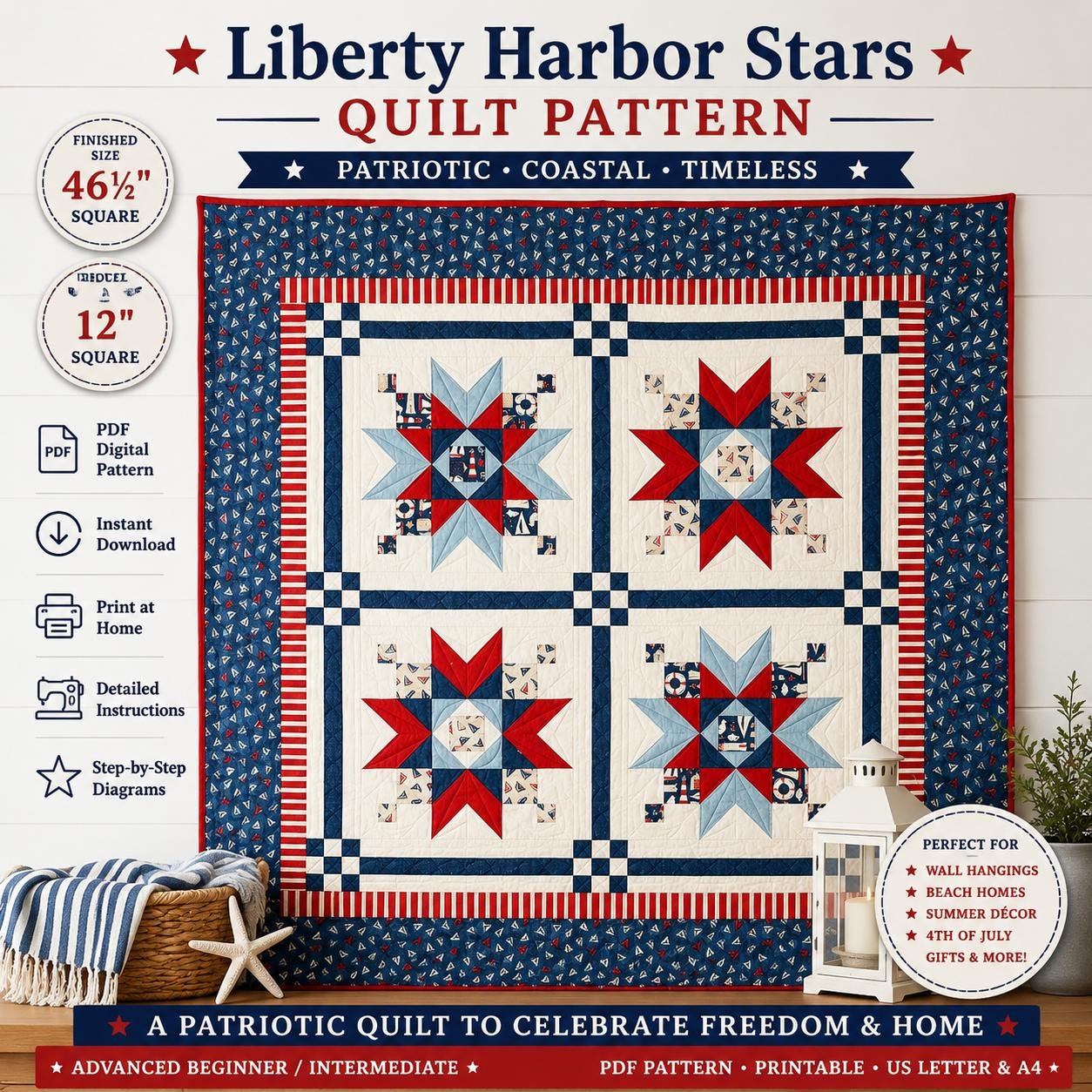 Liberty Harbor Stars Quilt Pattern, Patriotic Coastal Americana Wall Hanging , Nautical Design (PDF Download) - Image 4