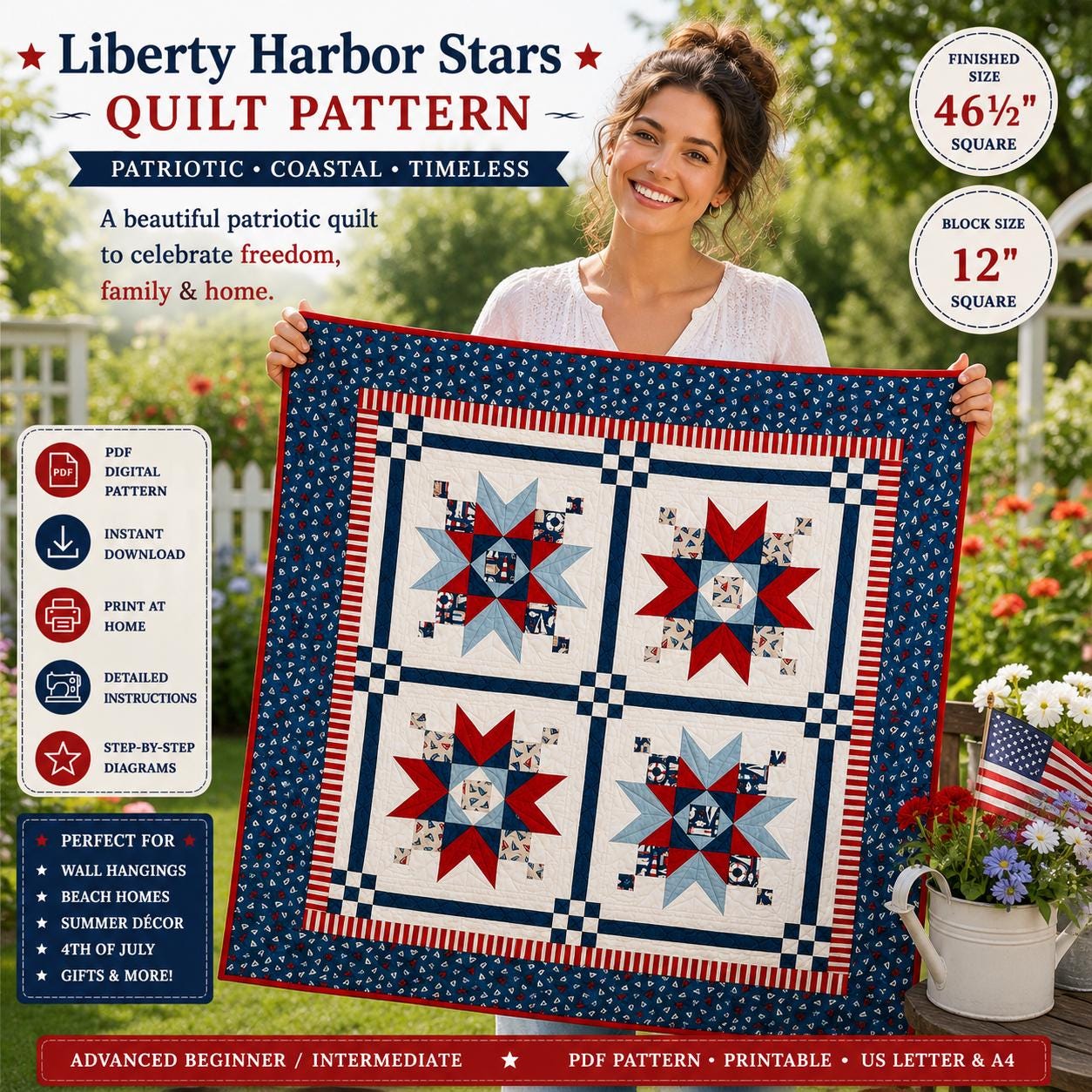 Liberty Harbor Stars Quilt Pattern, Patriotic Coastal Americana Wall Hanging , Nautical Design (PDF Download) - Image 7