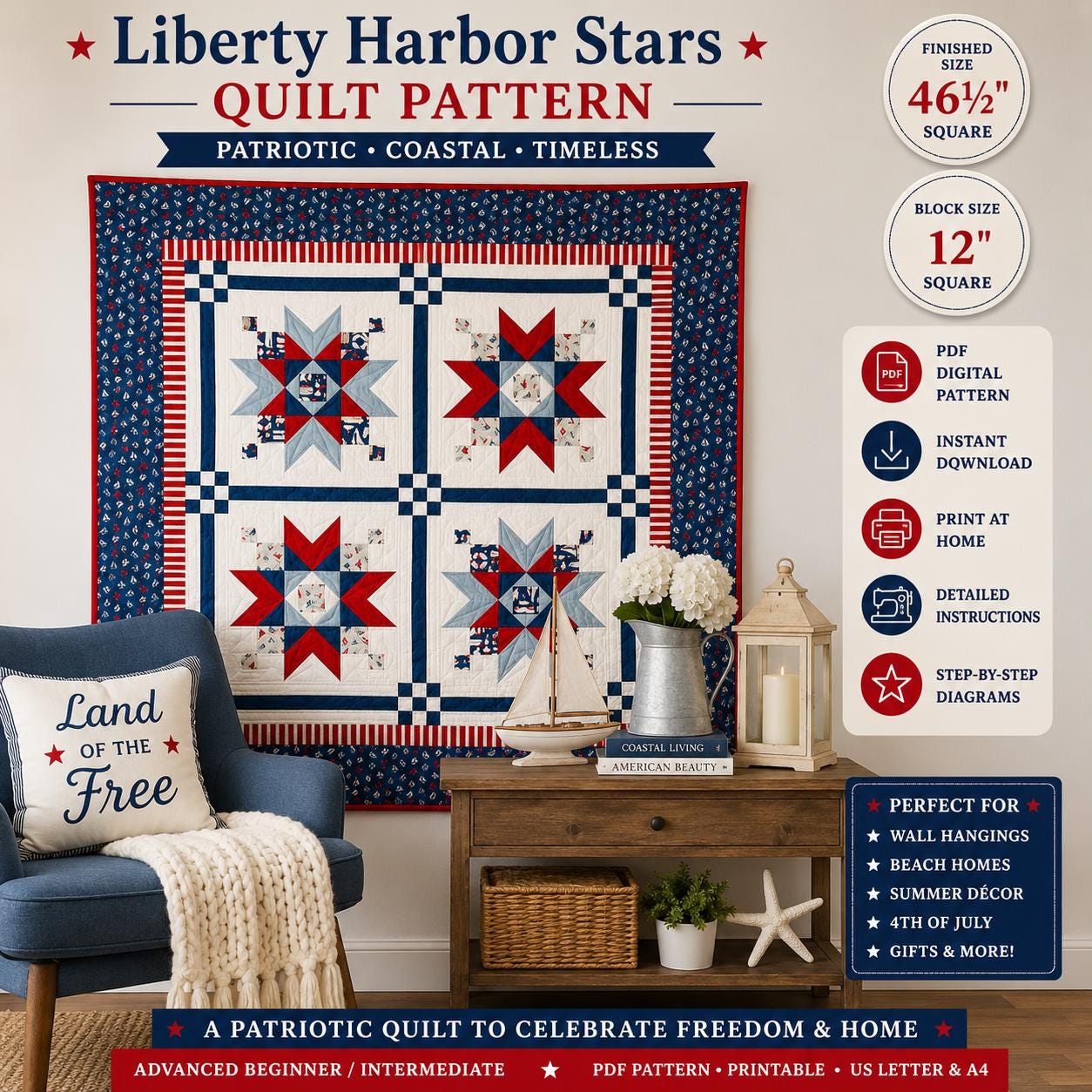 Liberty Harbor Stars Quilt Pattern, Patriotic Coastal Americana Wall Hanging , Nautical Design (PDF Download) - Image 2
