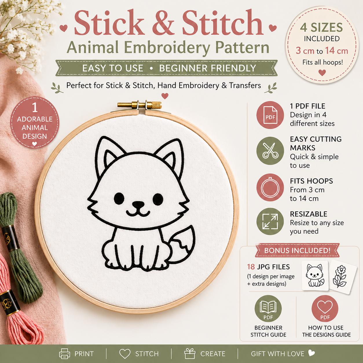 15 Stick and Stitch Animal Embroidery Patterns, Beginner Hand Embroidery PDF Designs - Image 5