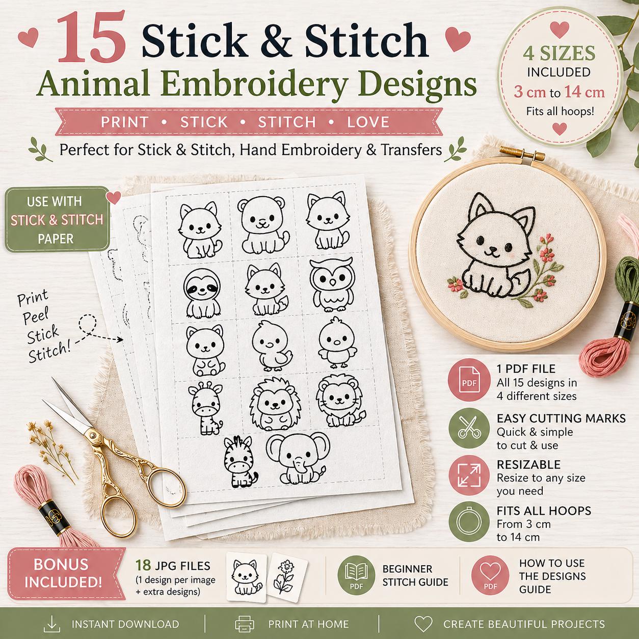 15 Stick and Stitch Animal Embroidery Patterns, Beginner Hand Embroidery PDF Designs - Image 7