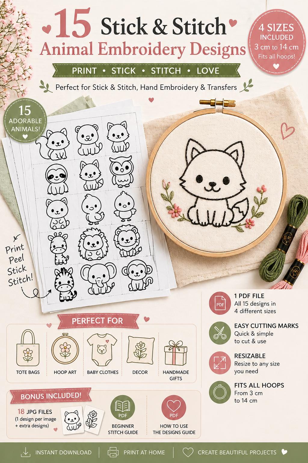 15 Stick and Stitch Animal Embroidery Patterns, Beginner Hand Embroidery PDF Designs - Image 8