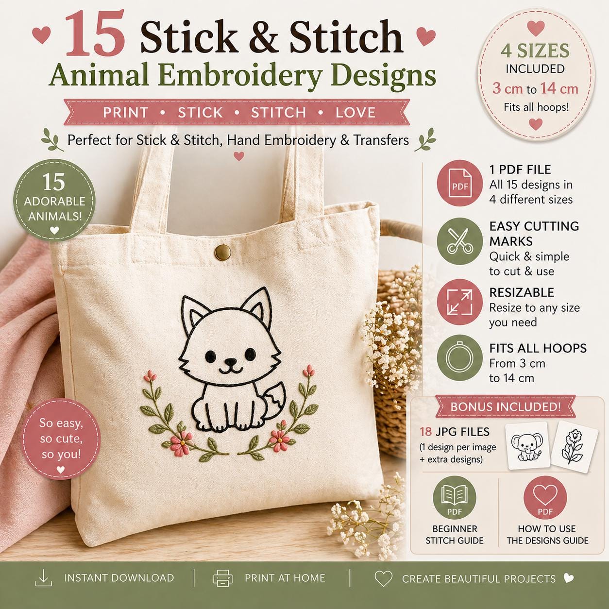 15 Stick and Stitch Animal Embroidery Patterns, Beginner Hand Embroidery PDF Designs - Image 3
