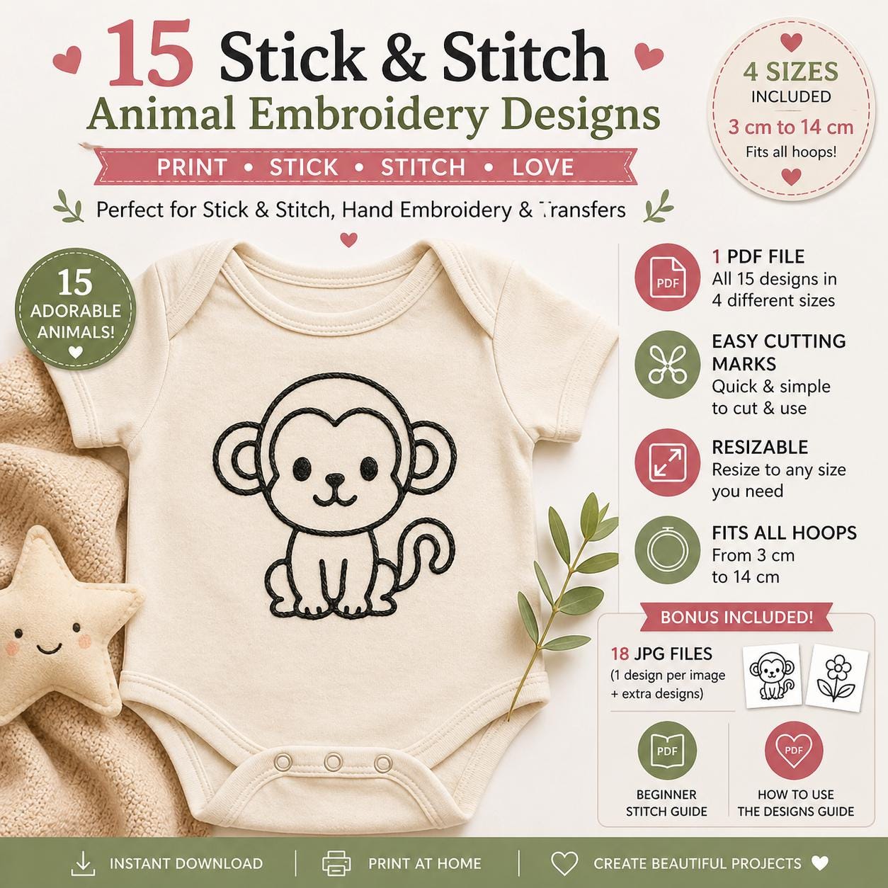 15 Stick and Stitch Animal Embroidery Patterns, Beginner Hand Embroidery PDF Designs - Image 4