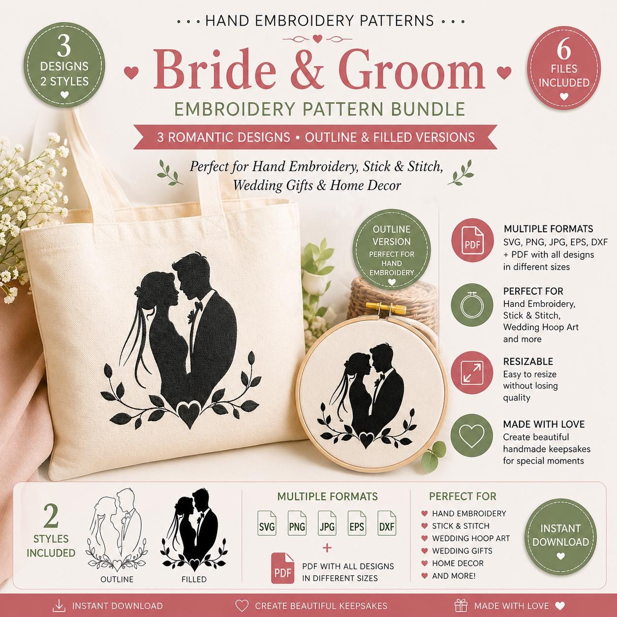 Bride Groom Hand Embroidery Pattern Bundle, Wedding Silhouette SVG Designs (Digital Download) - Image 3