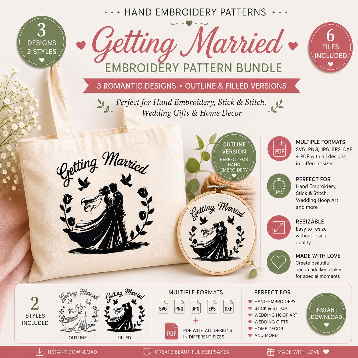 Bride Groom Hand Embroidery Pattern Bundle, Wedding Silhouette SVG Designs (Digital Download) - Image 2
