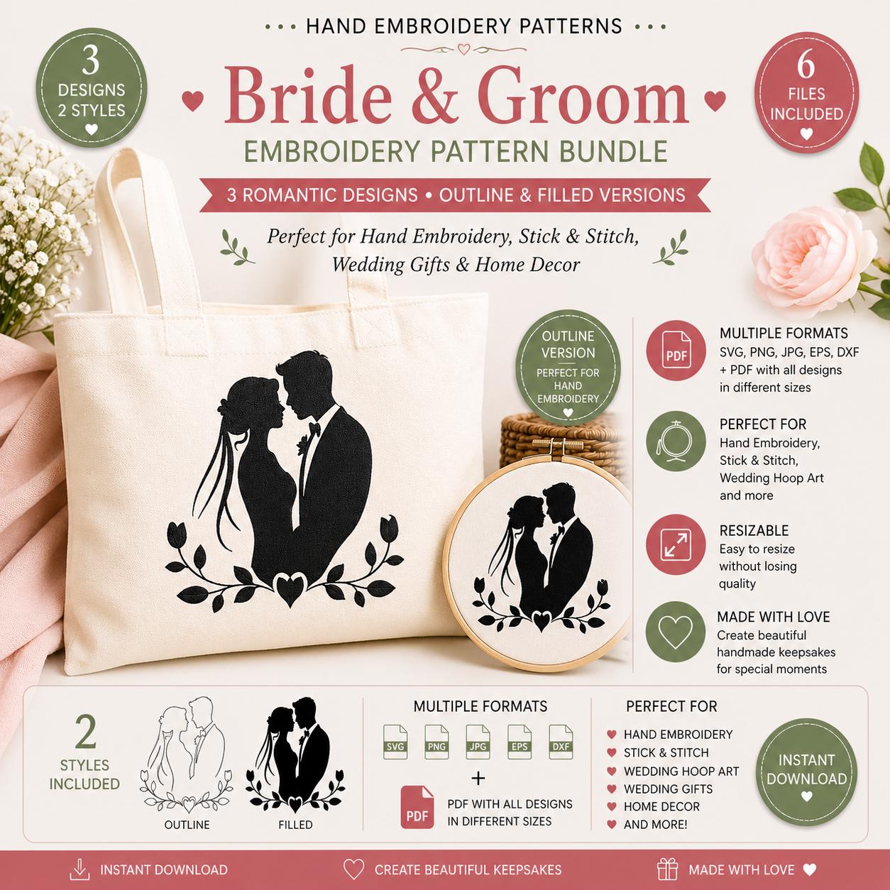 Bride Groom Hand Embroidery Pattern Bundle, Wedding Silhouette SVG Designs (Digital Download) - Image 5