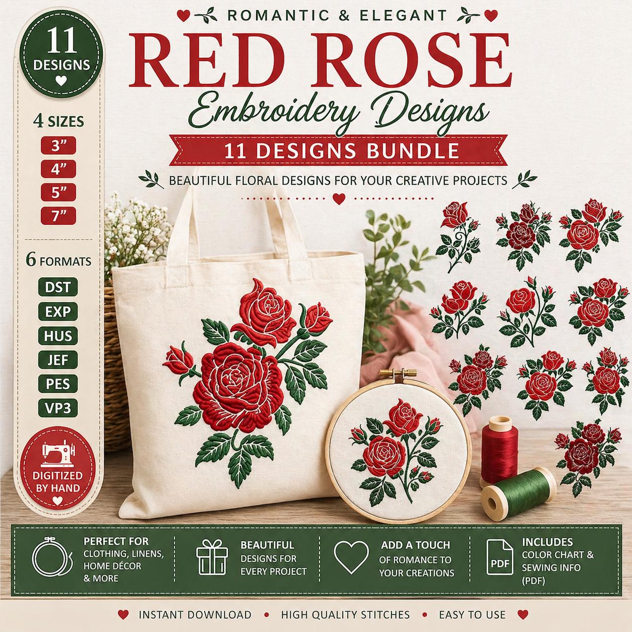 11 Romantic Red Rose Embroidery Designs Bundle, Floral Machine Files (Digital Download) - Image 3
