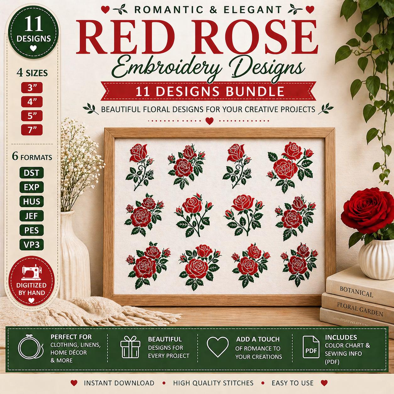 11 Romantic Red Rose Embroidery Designs Bundle, Floral Machine Files (Digital Download) - Image 5