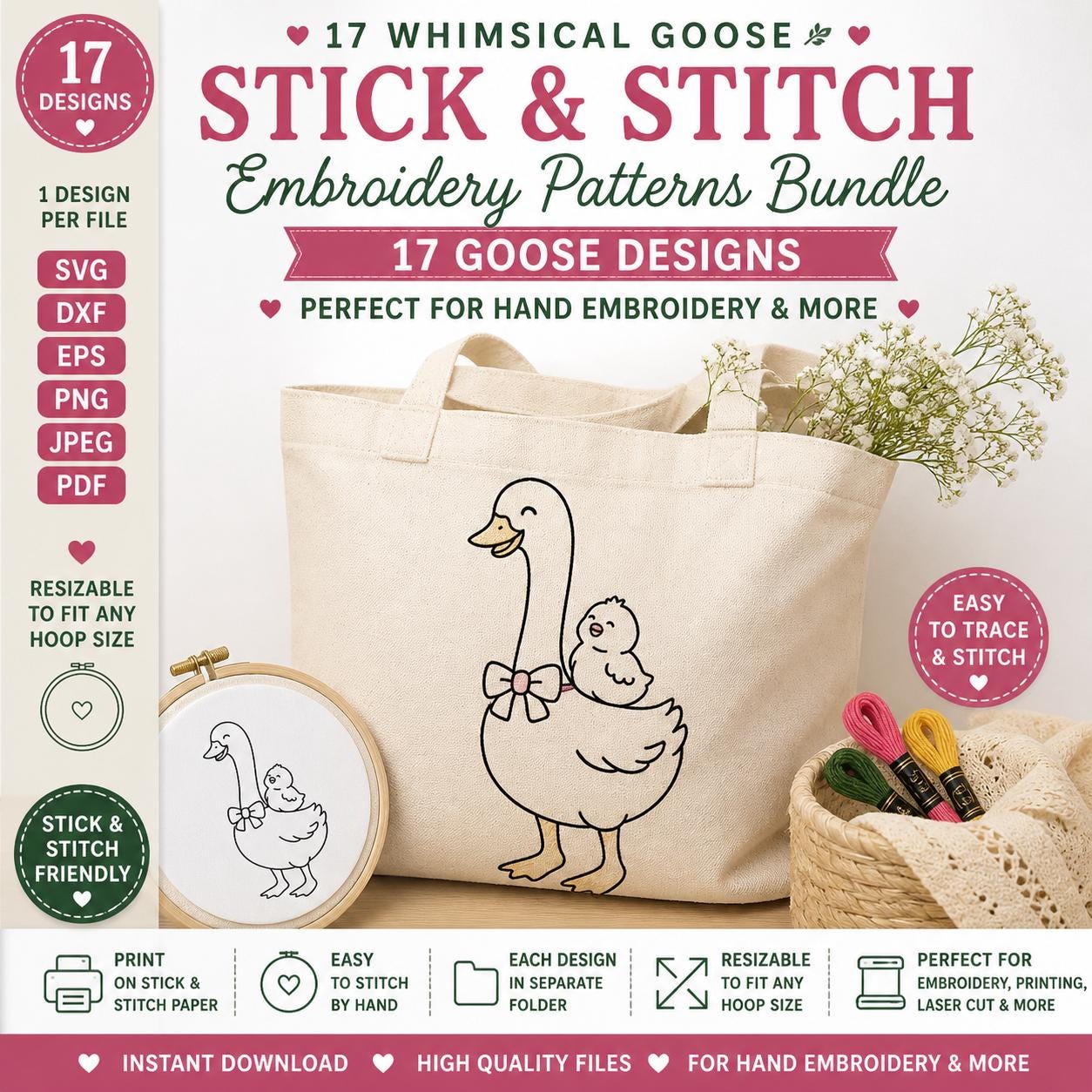 17 Whimsical Goose Hand Embroidery Patterns | Stick and Stitch Bundle (SVG, PDF) - Image 2