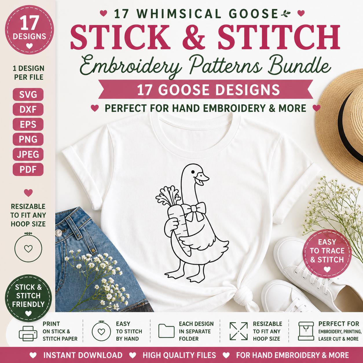 17 Whimsical Goose Hand Embroidery Patterns | Stick and Stitch Bundle (SVG, PDF) - Image 4