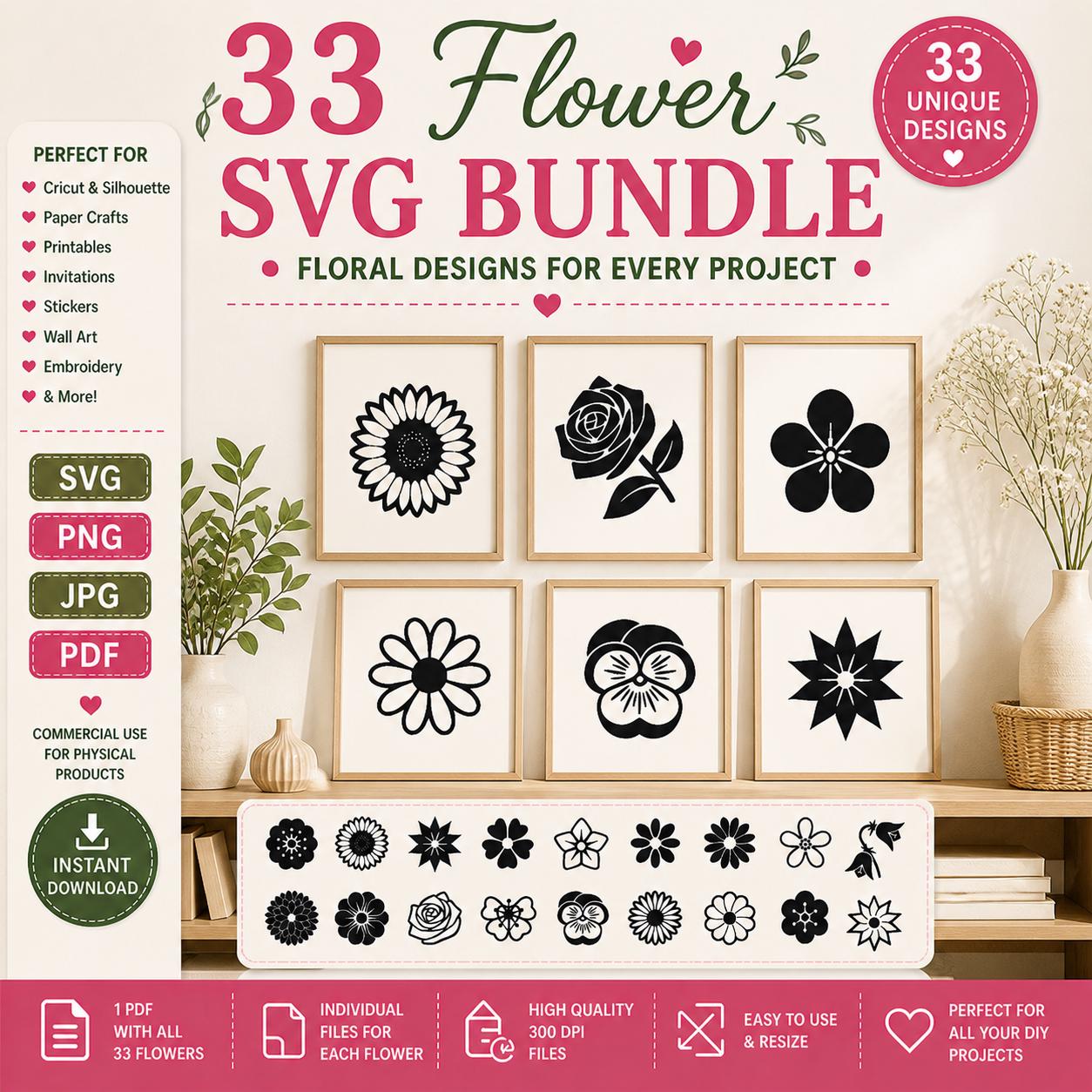 33 Flower SVG Bundle, Botanical Floral Clipart Cut Files (Digital Download) - Image 8