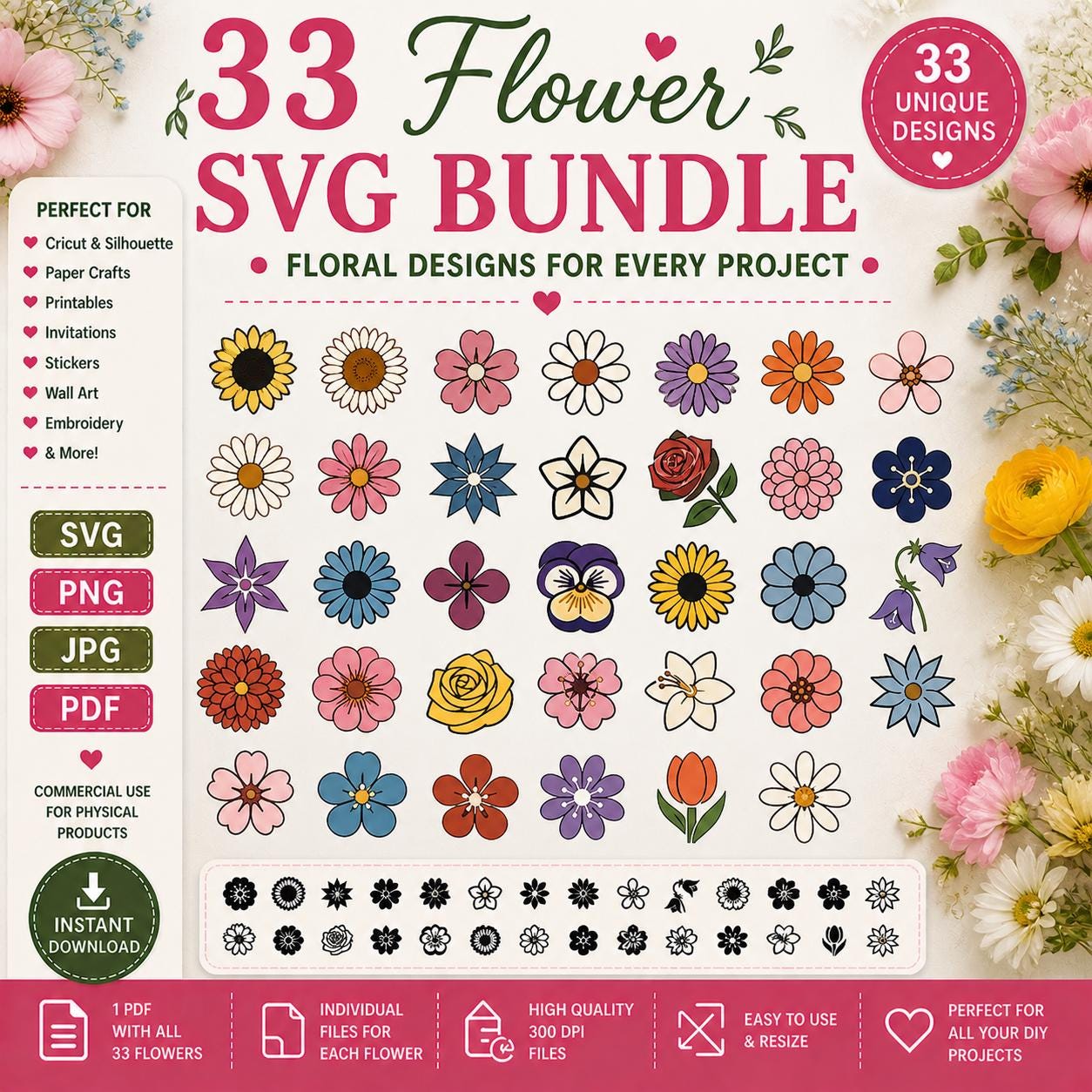33 Flower SVG Bundle, Botanical Floral Clipart Cut Files (Digital Download) - Image 3