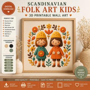 Scandinavian Folk Art Kids Print, 3D Clay Style Nursery Wall Art Decor (Digital Download)