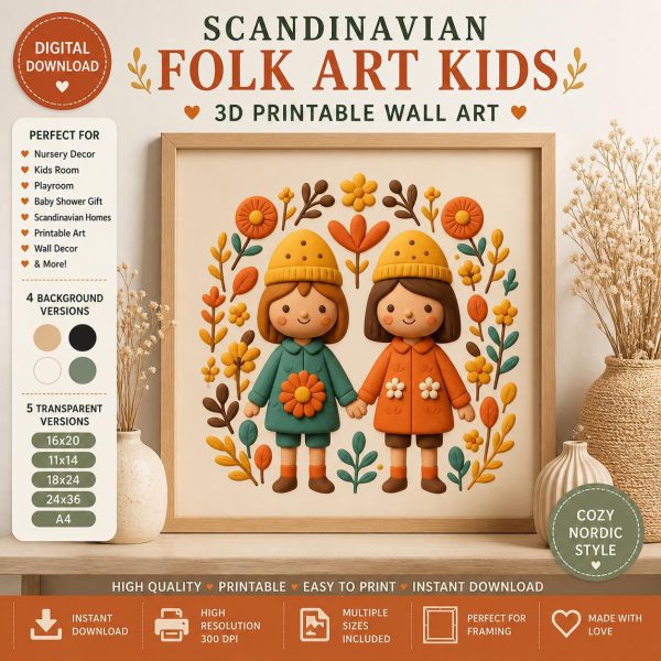 Scandinavian Folk Art Kids Print, 3D Clay Style Nursery Wall Art Decor (Digital Download)