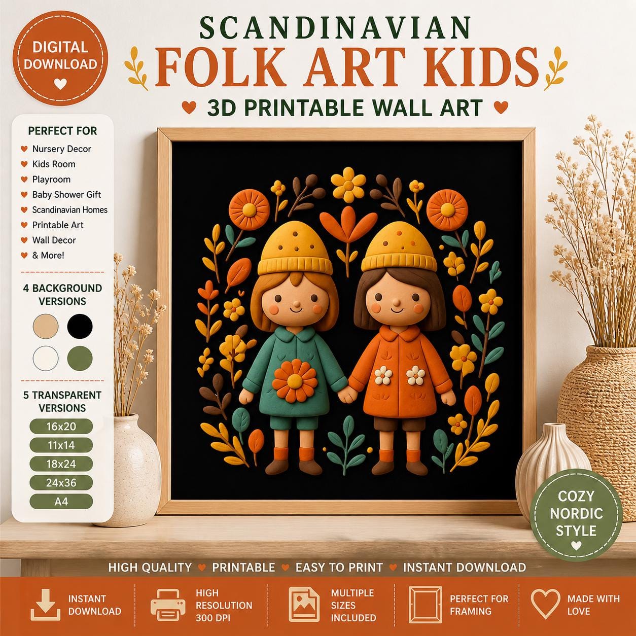 Scandinavian Folk Art Kids Print, 3D Clay Style Nursery Wall Art Decor (Digital Download) - Image 2