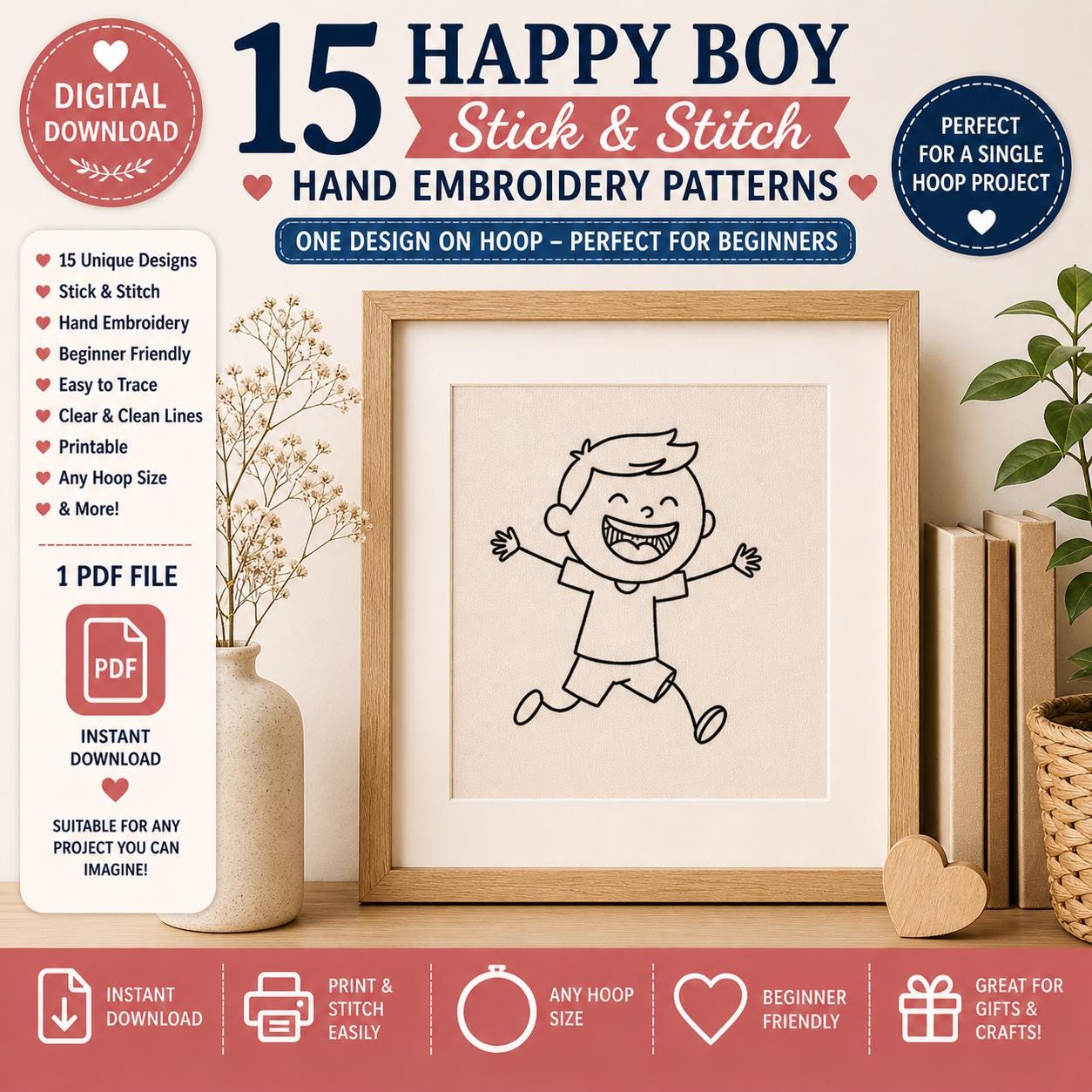 15 Happy Boy Stick & Stitch Embroidery Patterns – Beginner Line Art Transfer (Digital Download) - Image 5