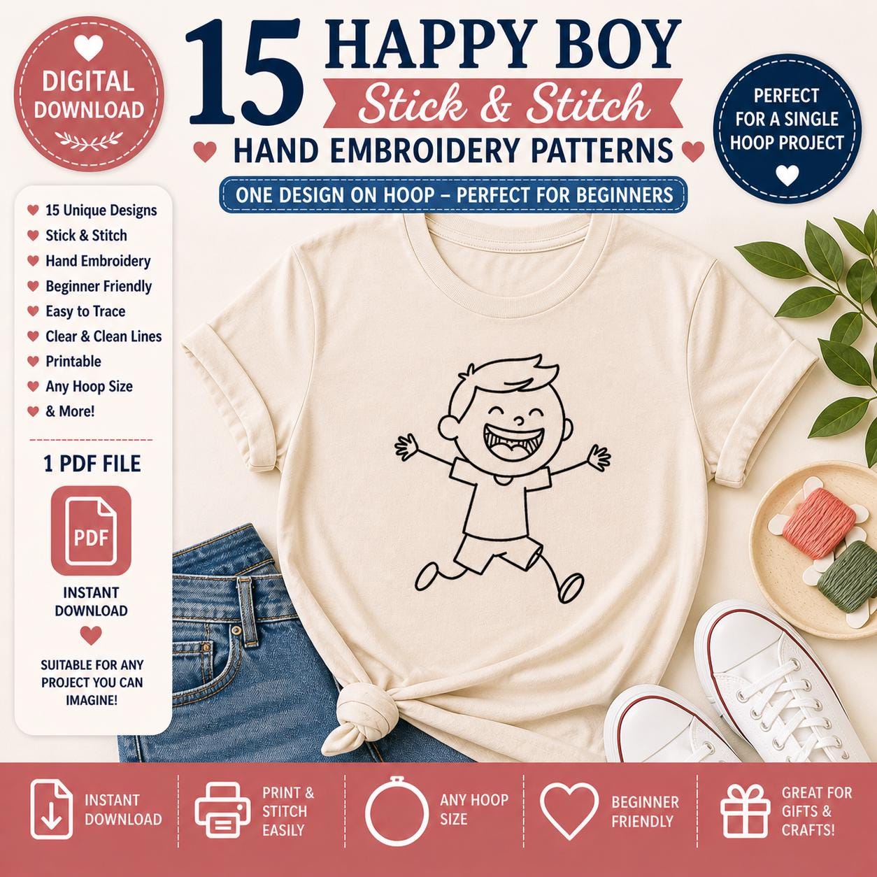 15 Happy Boy Stick & Stitch Embroidery Patterns – Beginner Line Art Transfer (Digital Download) - Image 3