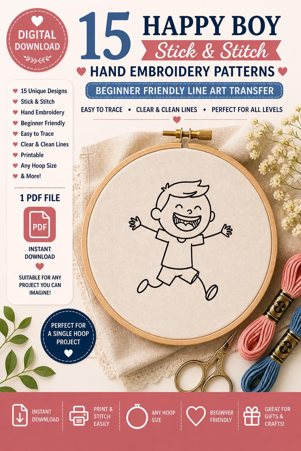 15 Happy Boy Stick & Stitch Embroidery Patterns – Beginner Line Art Transfer (Digital Download) - Image 7